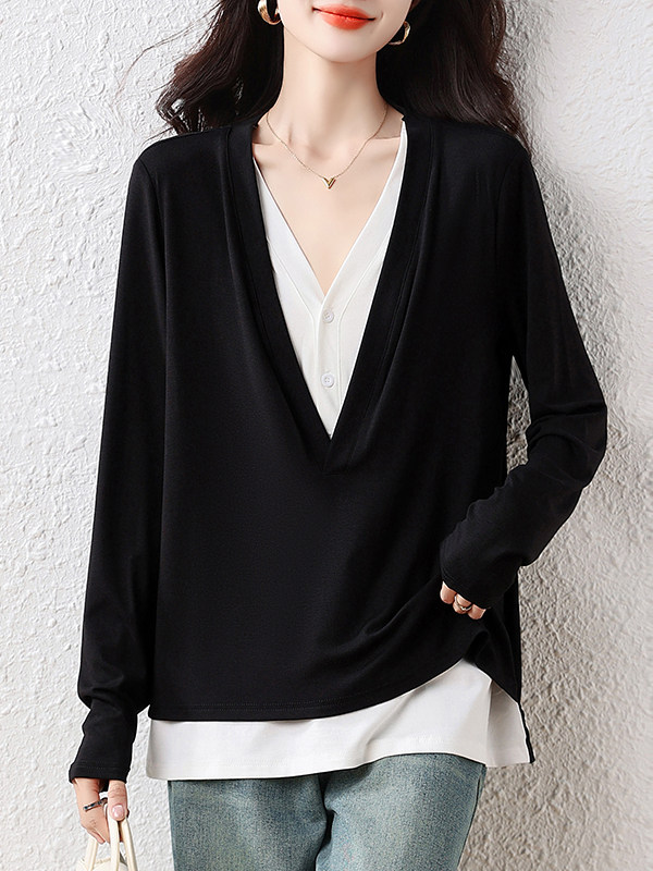 假两件V领撞色长袖T恤大码女装2025早秋新款时尚百搭套头宽松上衣