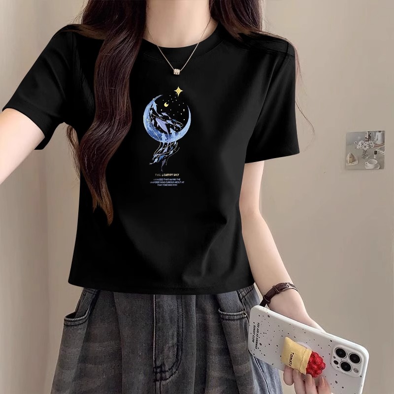 黑色印花短袖t恤女士2025新款夏季洋气减龄显瘦正肩短款辣妹上衣