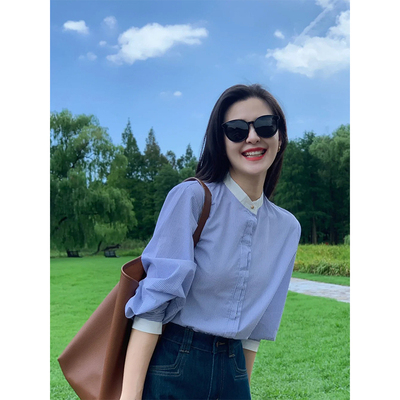 覆古蓝色条纹衬衫女2025夏季新款韩系氛围感穿搭撞色圆领衬衫上衣