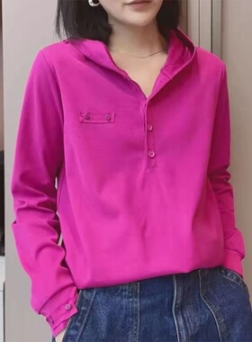 玫瑰红色长袖t恤女子夏季新欧洲薄连帽运动衫休闲宽松内长袖上衣