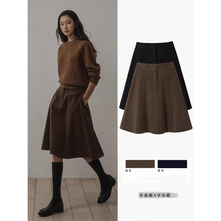 咖色复古高腰半身裙女秋冬新款 中裙小个子百搭A字伞裙 高级感时尚