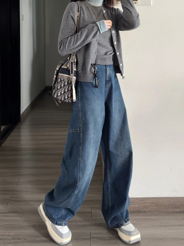 深蓝色阔腿牛仔裤女2025秋季新款高腰垂感宽松梨型身材直筒弯刀裤