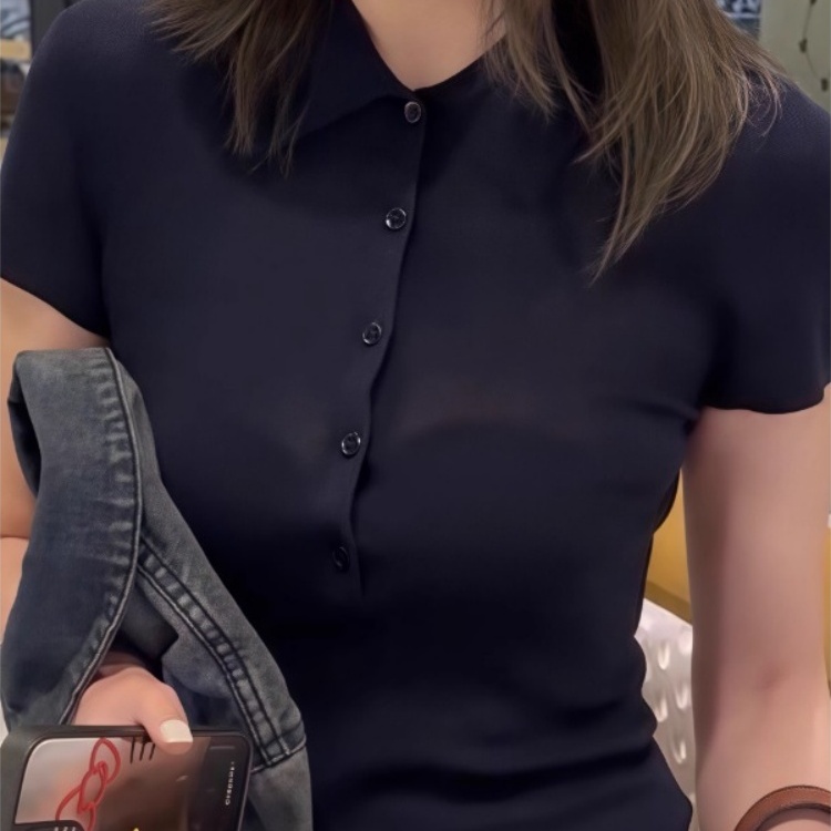 黑色polo领短袖T恤女士2025夏季薄款高级感气质修身正肩体恤上衣