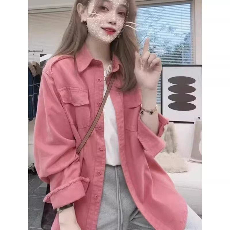 粉色牛仔衬衫外套女2026春季新款欧货减龄宽松中长款叠穿衬衣外套