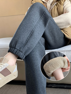 休闲高腰直筒加绒加厚运动裤 深灰色羊羔绒束脚卫裤 女2025秋冬新款