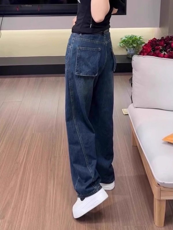 大码蓝色阔腿牛仔裤女秋季新款小个子胖mm高腰遮胯直筒显瘦弯刀裤