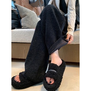 黑色加绒裤子女2025秋冬高腰星空闪闪阔腿裤休闲直筒垂感拖地裤子