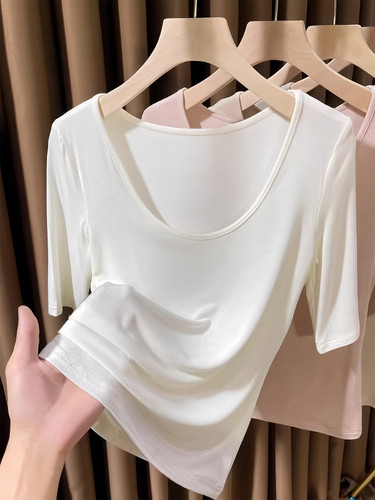 白色冰丝莫代尔短袖t恤女薄款夏季洋气修身大领口超弹中袖U领上衣