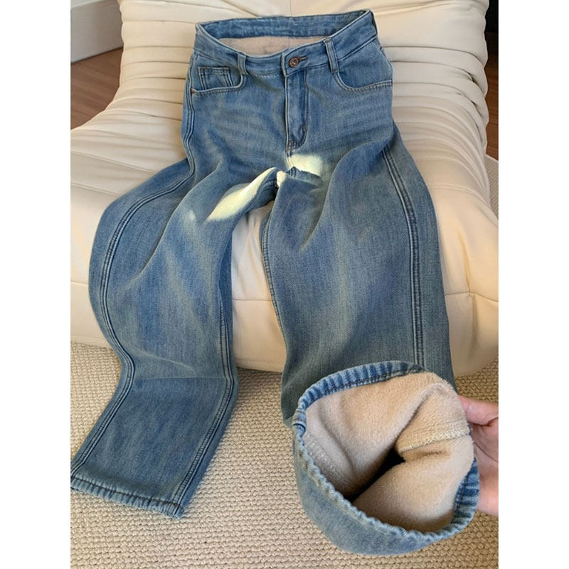 浅蓝色阔腿牛仔裤女秋冬2025新款小个子高腰宽松加绒九分休闲裤子