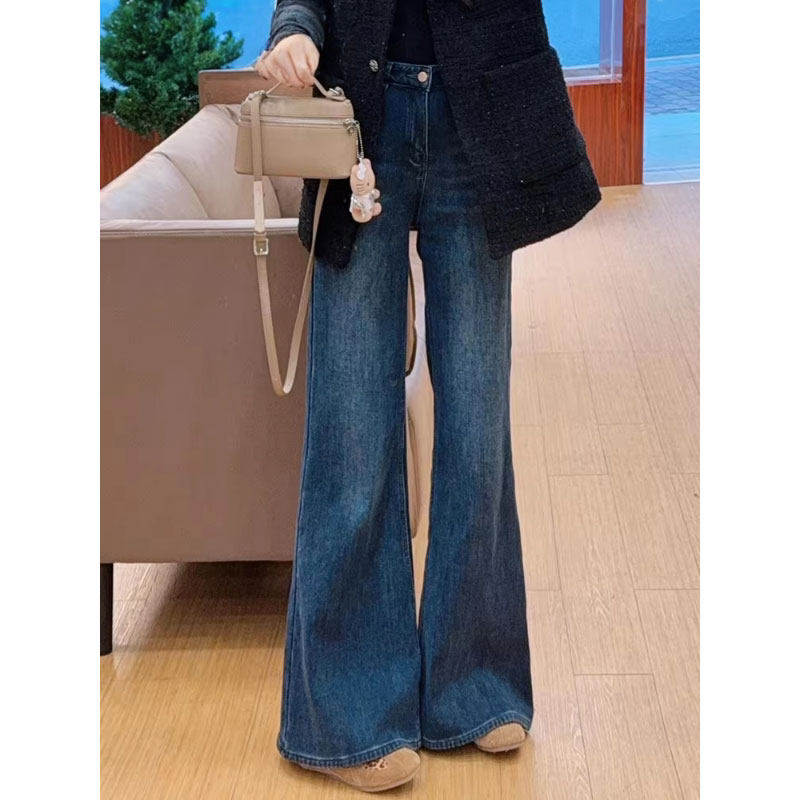 复古蓝微喇牛仔裤女2026春季新款高腰垂感显瘦不贴腿阔腿喇叭裤子
