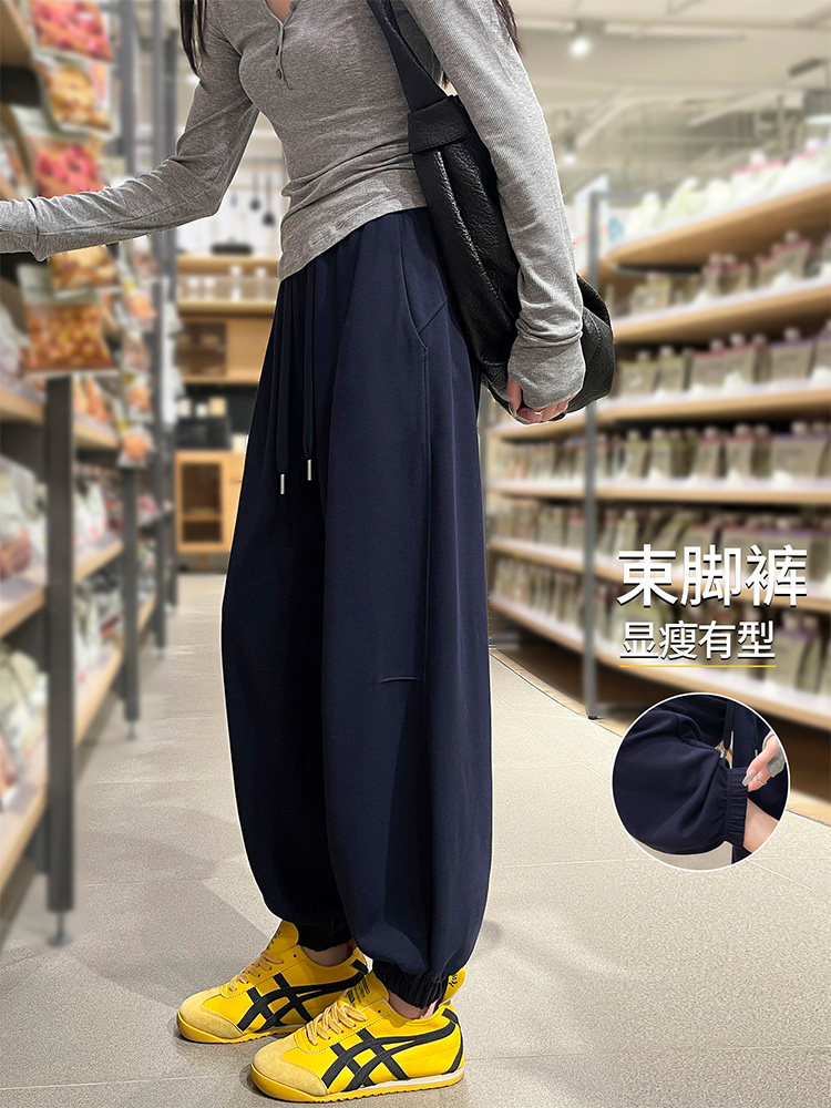 藏青色运动裤女春秋新款美式覆古高腰宽松显瘦抽绳卫裤休闲束脚裤