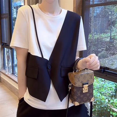 假两件短袖t恤女2025夏季新款设计感小众高级感时尚潮流拼接上衣