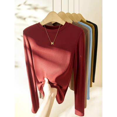 枣红色圆领长袖T恤女秋冬新款宽松慵懒风洋气内搭休闲打底衫上衣