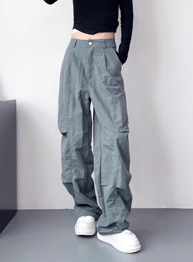 灰色女士百褶裤，新秋季款式，美国覆古高腰，下垂，宽松，覆盖臀