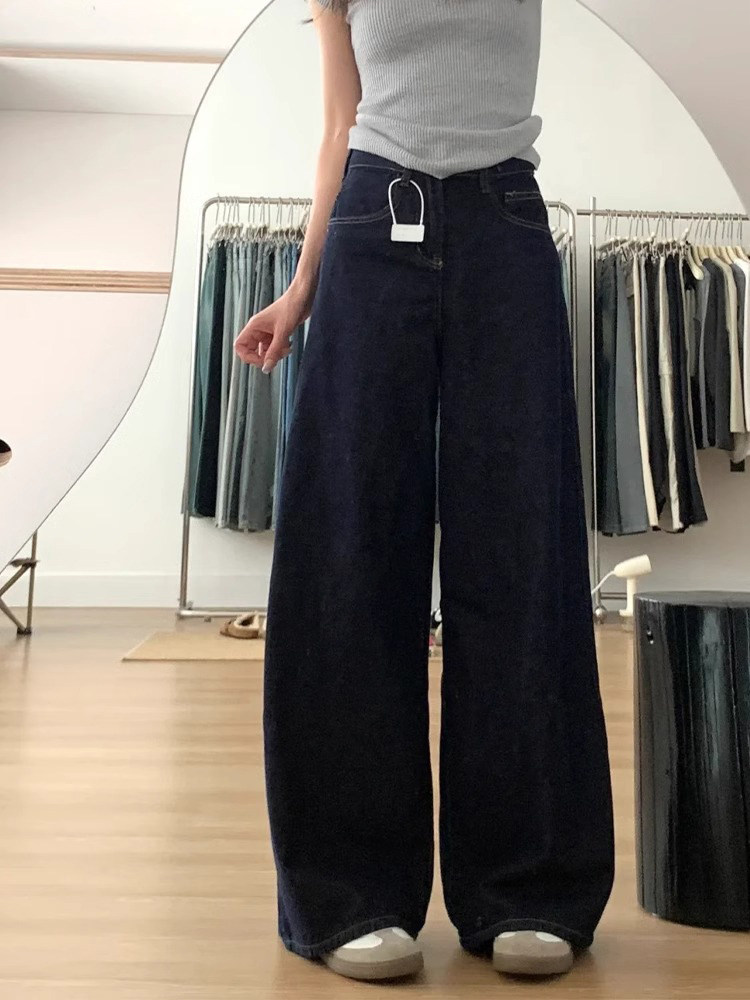 丹宁蓝阔腿牛仔裤女早秋新款大码梨形身材高腰垂感宽松直筒拖地裤