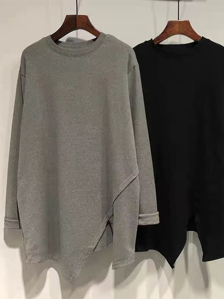 不规则中长款打底衫女秋季新款宽松大版长袖T恤鲨鱼裤搭配的上衣