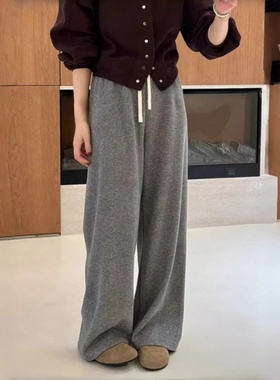 灰色窄阔腿裤为妇女春秋季新宽松修身Look直腿运动裤高腰褶皱运动