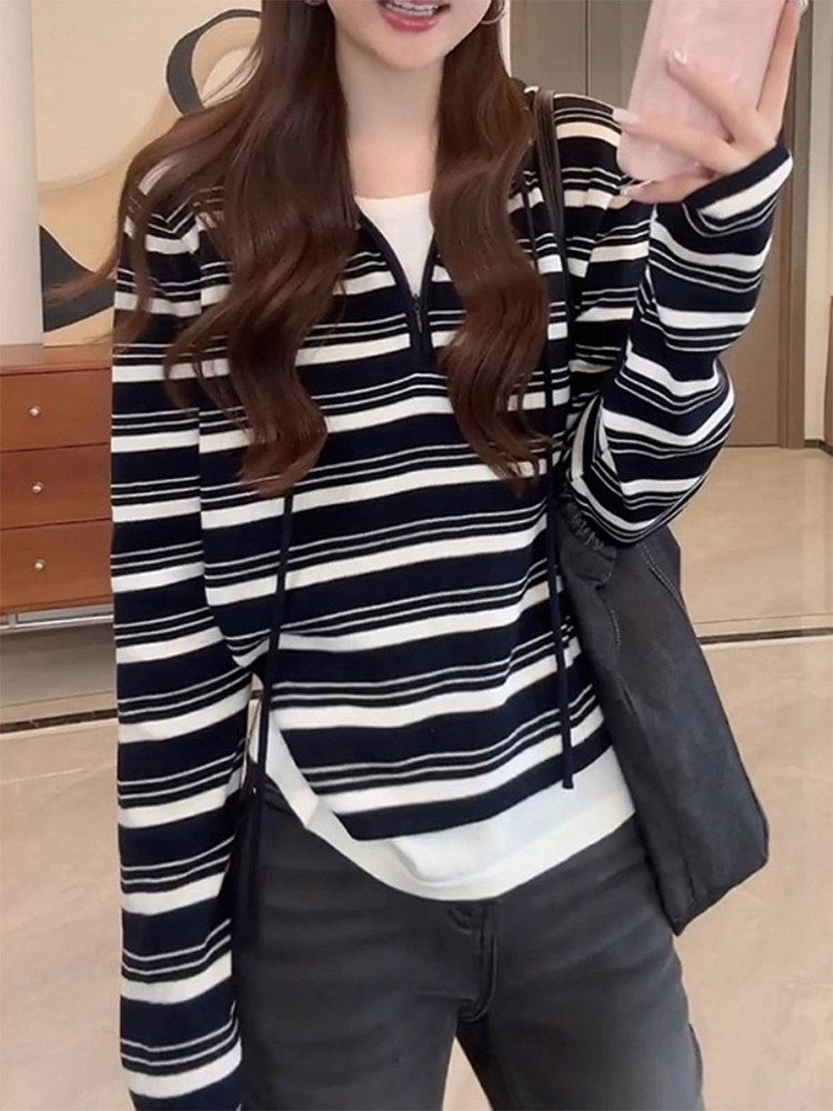 假两件条纹连帽针织衫女秋季胖MM显瘦宽松帽衫慵懒风撞色长袖上衣