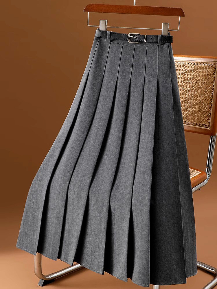 灰色西装半身裙女早秋新款高腰显瘦a字长裙气质休闲中长款百褶裙