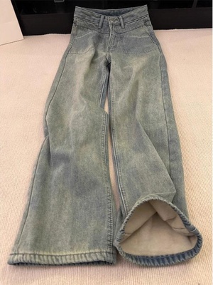 覆古蓝加绒阔腿牛仔裤女2025秋冬新款大码梨型身材小个子加厚裤子