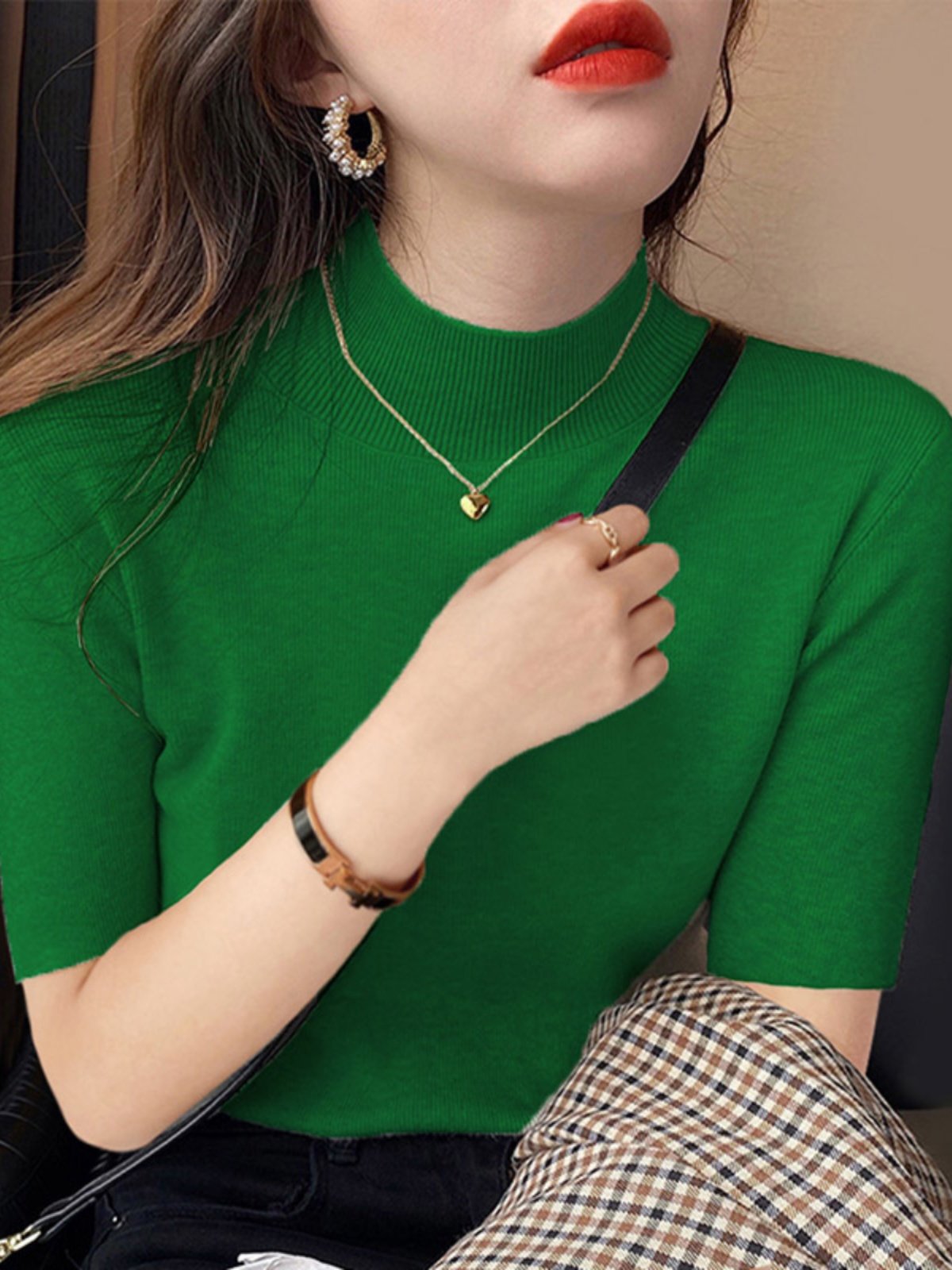 半高领针织女装2025夏季新款弹性修身上衣墨绿色三分之袖底衬衫,女装/女士精品,毛针织衫,淘宝优惠券,粉丝福利购,淘宝优惠卷