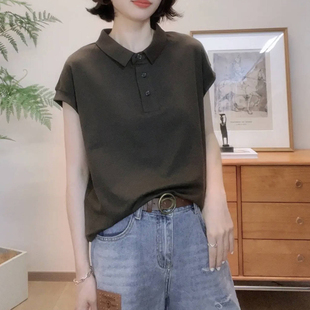 黑色翻领正肩短袖 上衣 T恤女2025新款 夏日ootd穿搭洋气减龄POLO衫