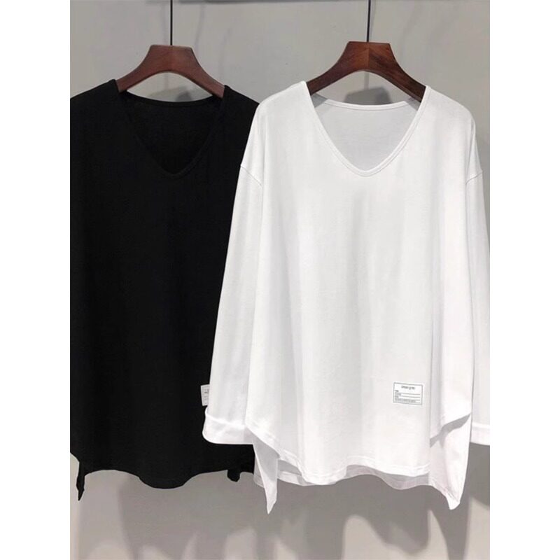 白色纯棉v领长袖T恤女士春季新款休闲中长款宽松不规则打底衫上衣