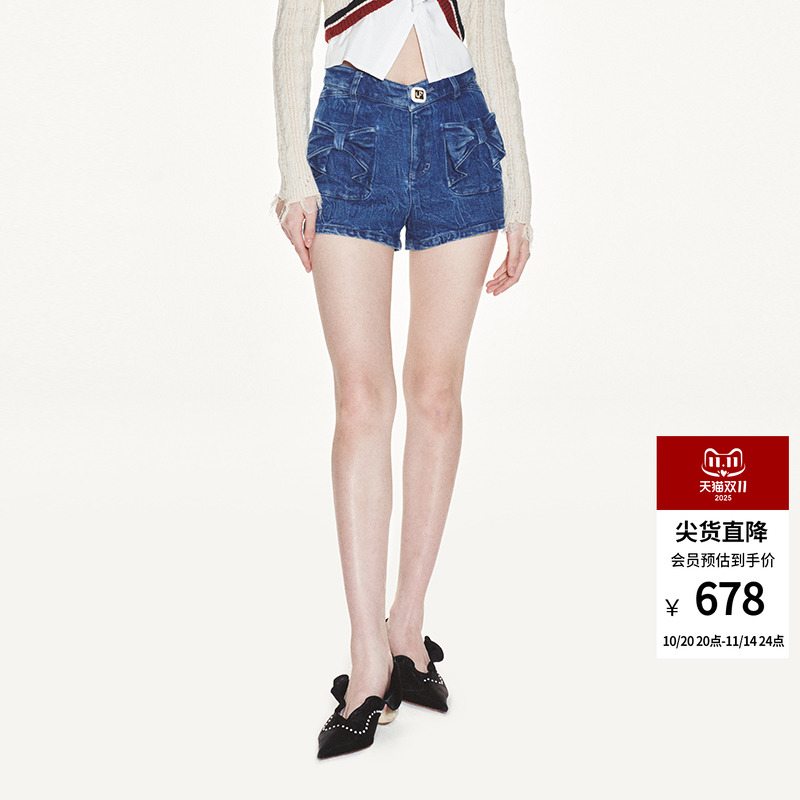 lefame拉飞姆2025秋季蝴蝶结港风金属钻口袋牛仔休闲女士短裤热裤