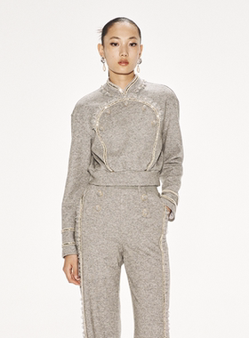 lefame拉飞姆休闲华丽花边旗袍领灰色中式卫衣