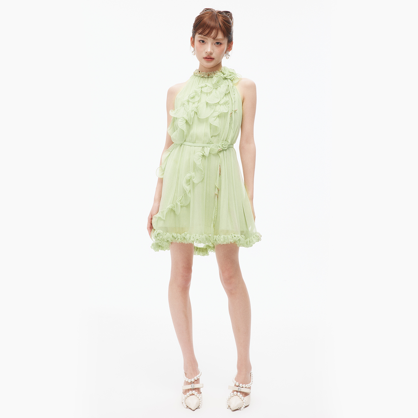 时尚盘花装饰轻薄连衣裙