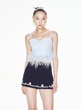 【明星同款】lefame拉飞姆贝壳珠仔绣花蓝白条纹海洋吊带背心