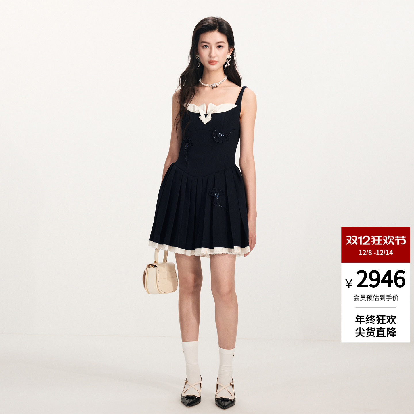 lefame拉飞姆2026早春新品时尚学院立体花朵装饰绣花花边连衣裙