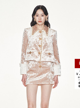 lefame拉飞姆宽松版型精致A摆丝绒花边短款外套