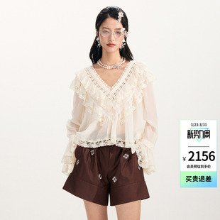洛可可刺绣荷叶饰边V领长袖 时尚 上衣 新款 lefame拉飞姆2026春季