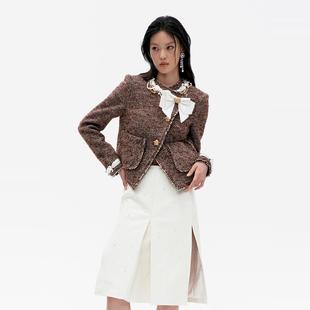 lefame拉飞姆珠链缠绕撞色老钱风咖色短呢外套