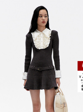 lefame拉飞姆冬季法式摩登蕾丝压褶通勤风针织连衣裙