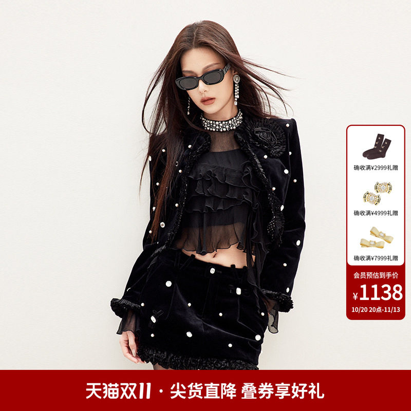 【吴宣仪同款】lefame拉飞姆春秋钉珠短款宫廷风掐腰外套