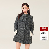 lefame拉飞姆冬季 格雷少女花灰色长毛呢重工钉珠外套大衣女显瘦