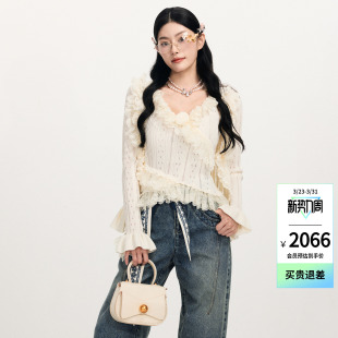 针织衫 lefame拉飞姆2026春季 立体花朵荷叶饰边蕾丝长袖 时尚 女 新款