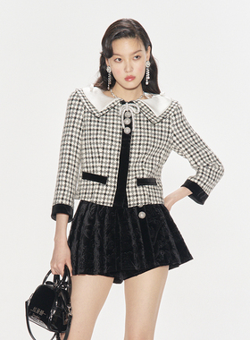 lefame拉飞姆秋季复古摩登蝴蝶结钻饰黑白格短外套