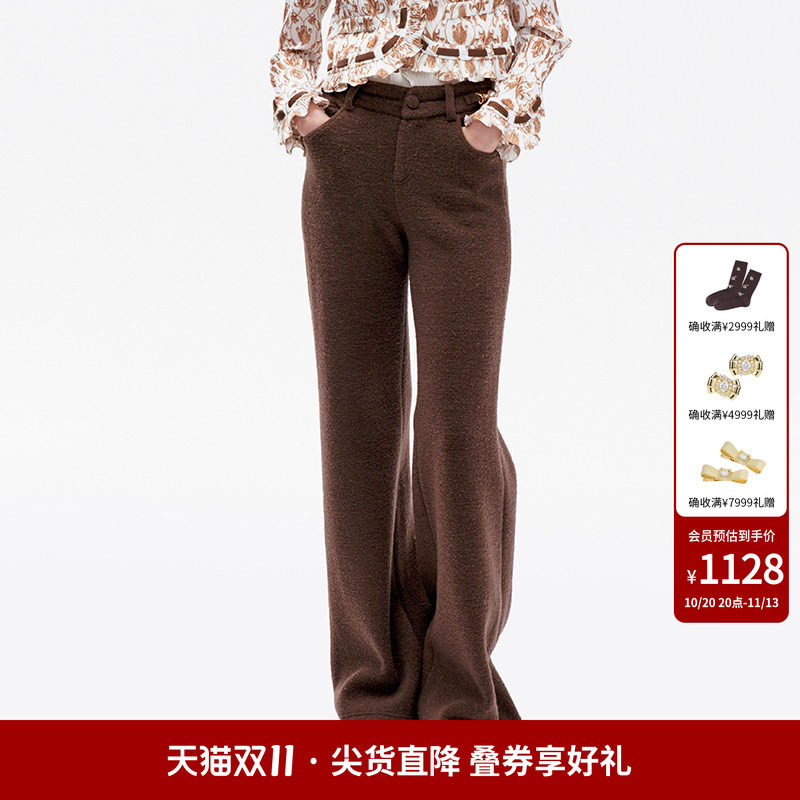 lefame拉飞姆老钱风波浪绣花咖色针织高腰直筒裤休闲裤女设计感