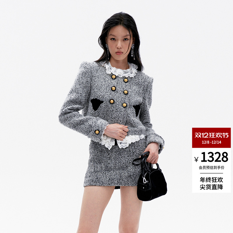 lefame拉飞姆冬季格雷系双排扣灰色千金短外套