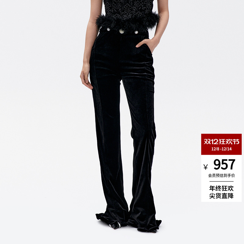 长裤LEFAME蝴蝶结丝绒喇叭法式