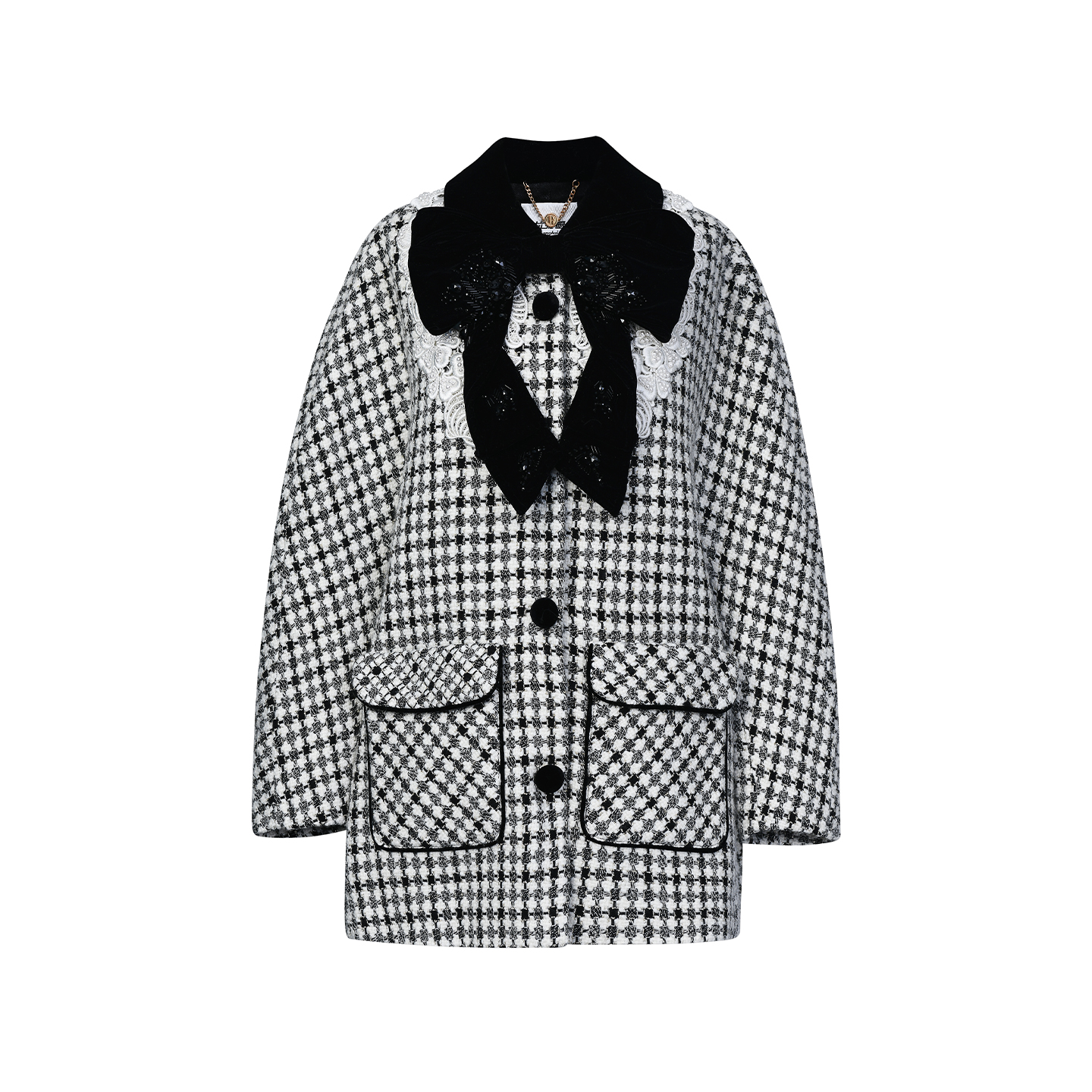 lefame拉飞姆2025年秋季新款黑白格大衣斗篷小香风羊毛混纺外套女