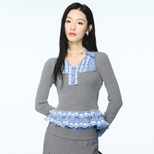 针织上衣女 lefame拉飞姆2025秋季 新款 时尚 格子拼接花朵刺绣长袖
