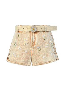 lefame拉飞姆2026春季复古摩登雏菊钉珠装饰黄色牛仔短裤