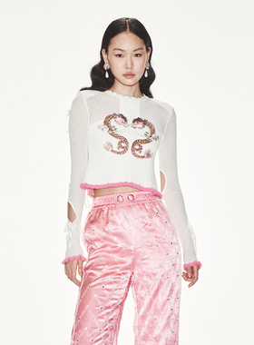 lefame拉飞姆复古镂空Y2K龙刺绣千禧针织上衣