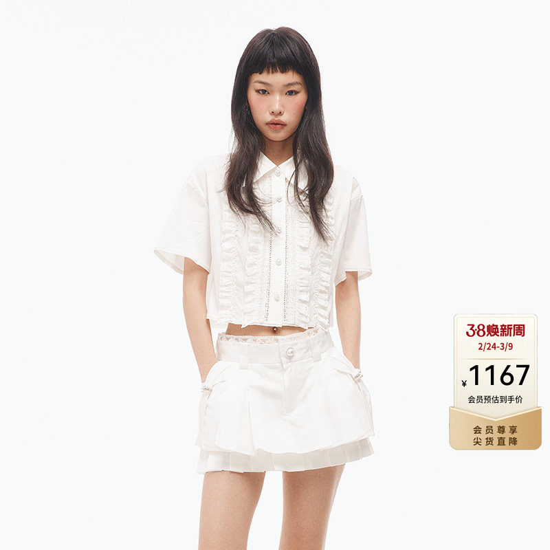 lefame拉飞姆时尚宫廷风荷叶边白色短袖女小上衣衬衫显瘦百搭