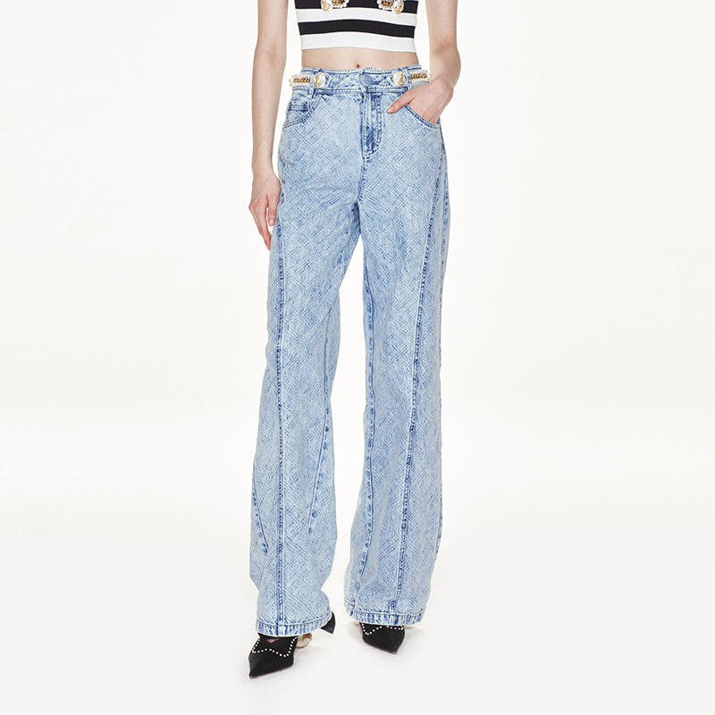 lefame牛仔裤长款珍珠盘扣