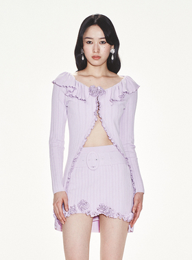 lefame拉飞姆紫色玫瑰花边长款针织开衫长外套